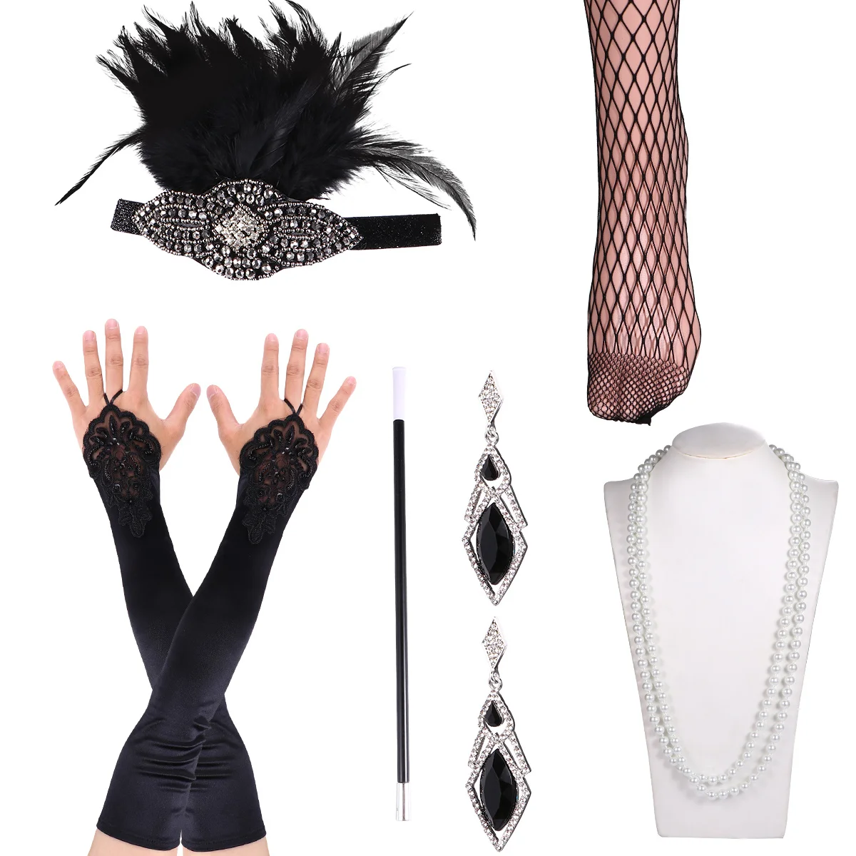 6 個 1920 年代のパーティーアクセサリーセットヘッドバンド手袋タバコホルダーファッショナブルなヴィンテージコスチューム 1920 年代のアクセサリー