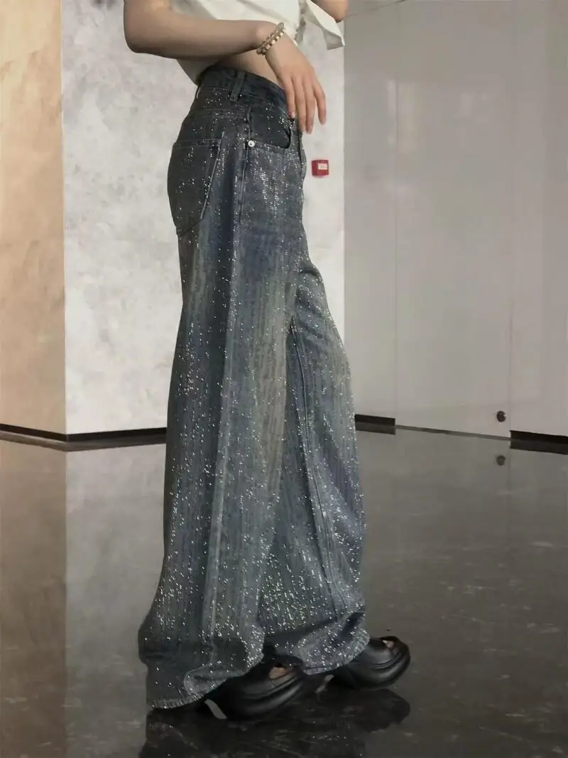 미국 스타일 여성 바지 레트로 베이비 브레스 통기성 드릴 진 가을 겨울 하이웨이스트 루즈 스트레이트 컷 플로어 팬츠