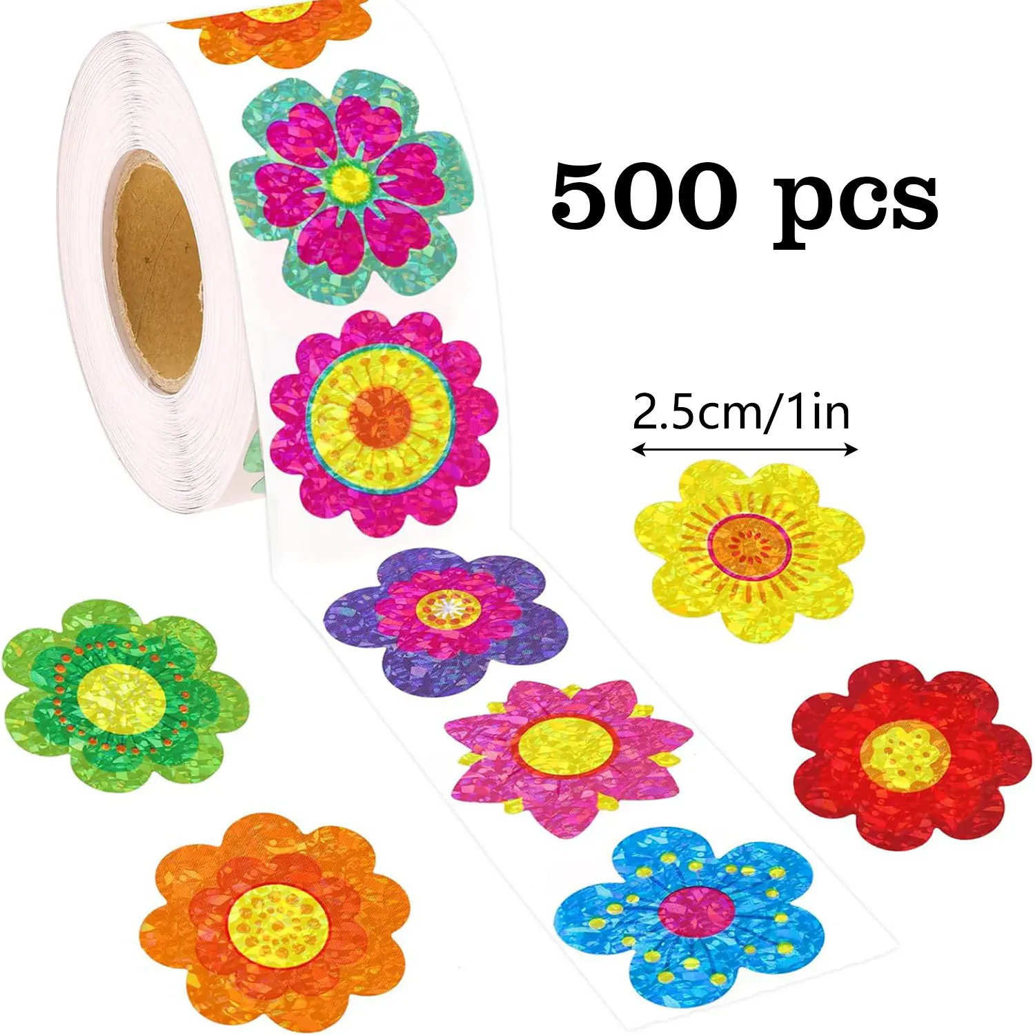 JCAC 500pcs/bag Holographic Flower Doodle Roll Stickers, 2.5cm, 9 Colors, for Office Supplies, Gift Packaging and DIY Seals
