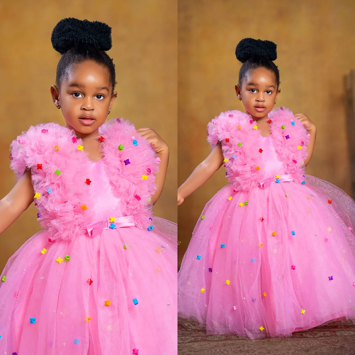 Pink Ruffles Flower Girl Dresses Star Floor Length Flowergirl Dress Princess Baby Kids Girls Birthday Party Gowns