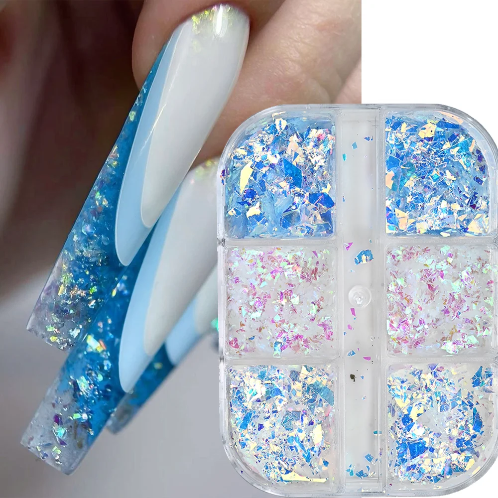 6 Grids Aurora Opal Nail Flakes Irregular Holographic Blue Pink Rainbow Glitter Foil Sequins Dreamy Sticker Nail Art Decorations