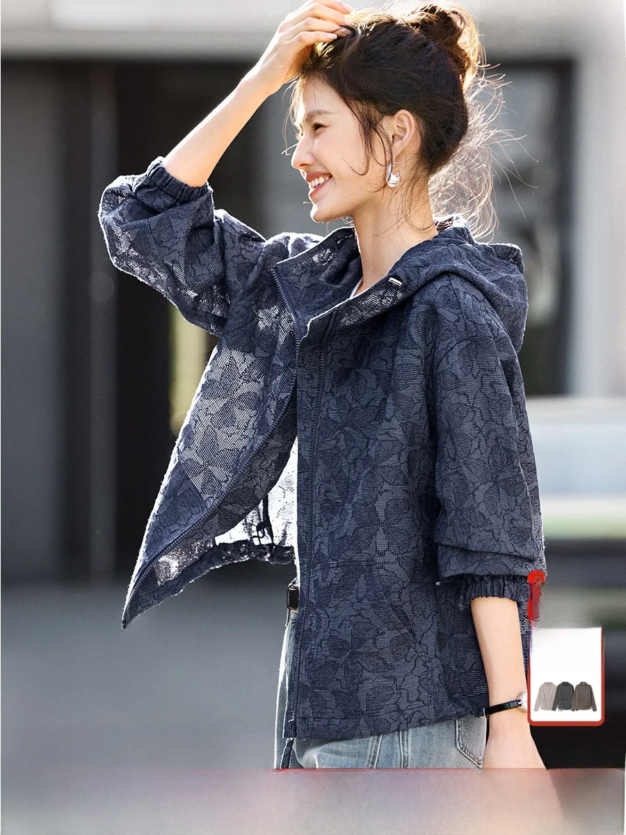 

Женская свободная повседневная куртка XWI Luxury Texture с капюшоном, весна 2026, модный повседневный топ с длинным рукавом, свободный крой, эффект стройности