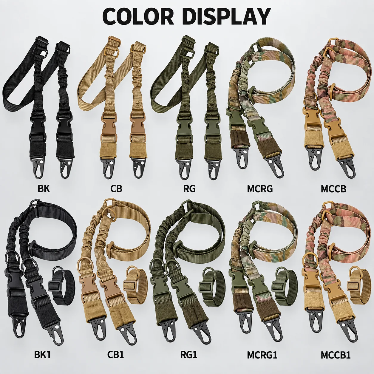 Tactical Two Point Sling Adjustable Elastic Strap Plastic Buckle Metal Snap Hook Shoulder Carry Strap for Outdoor Training Gear