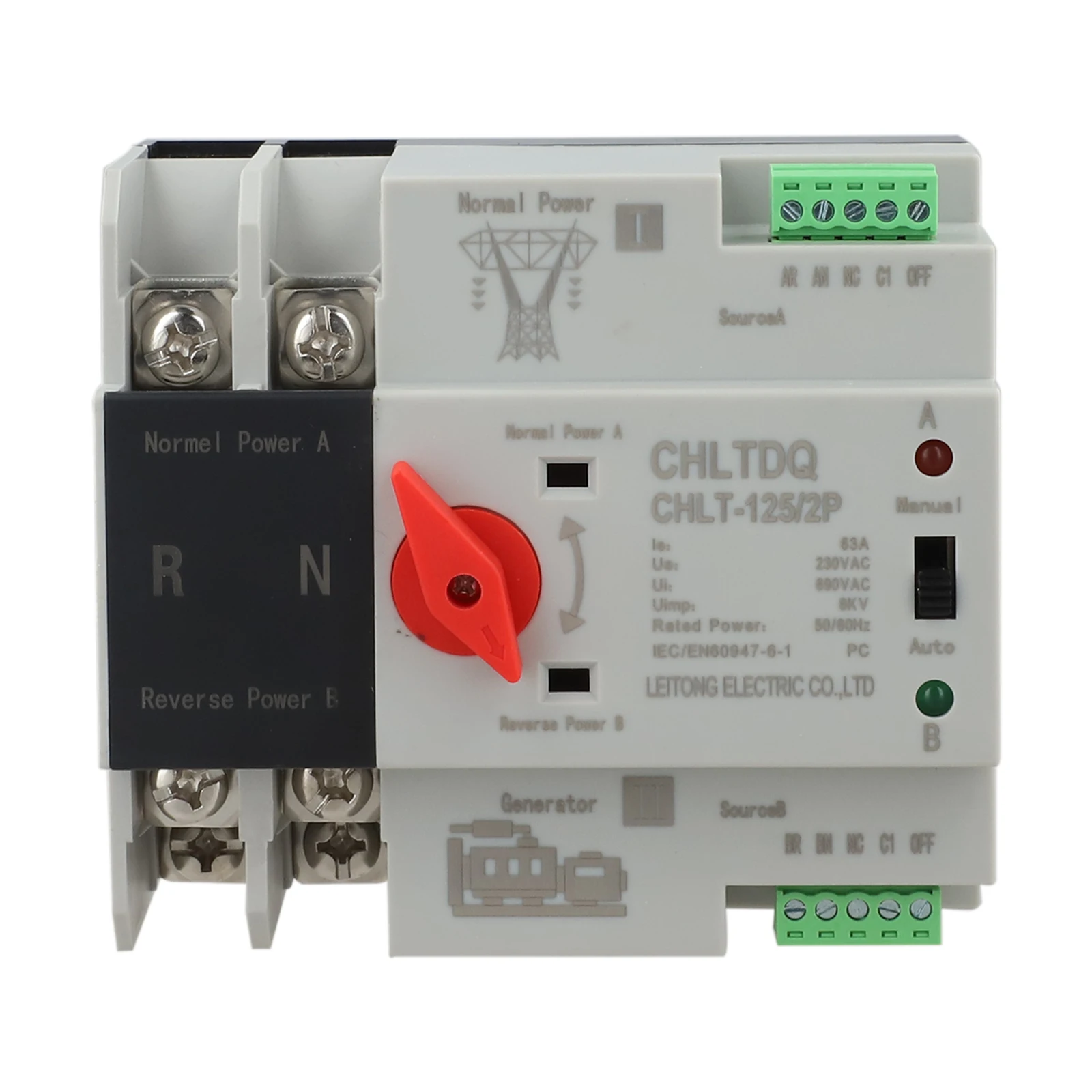 

CHLT-125/2P автоматический резервный переключатель с двойным питанием, 230 В переменного тока, 63 А, 50 Гц/60 Гц, двойной разъем бесперебойного переключателя мощности