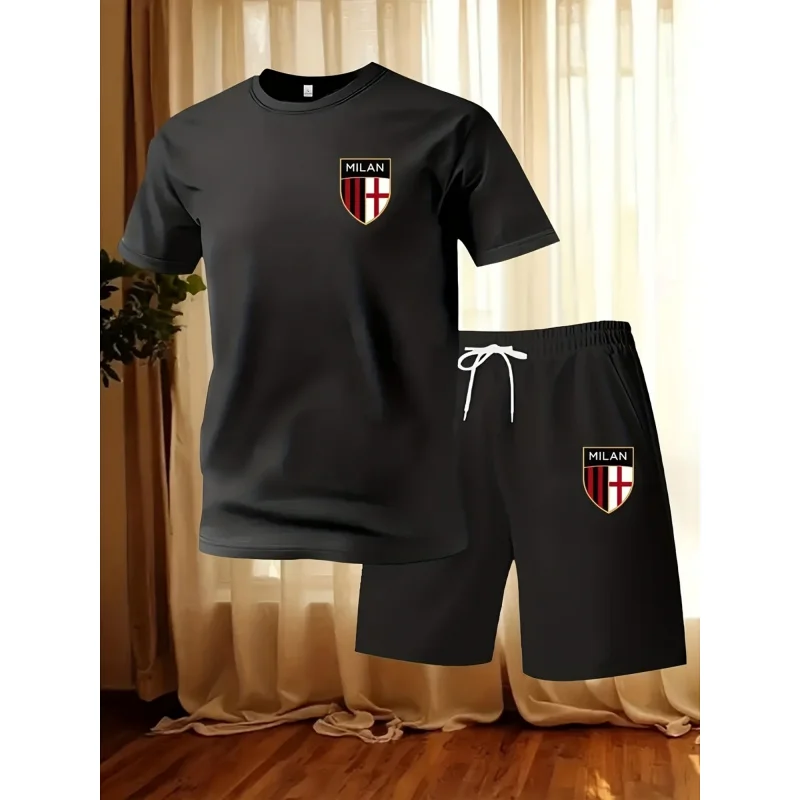 

2-piece men's summer sportswear set - breathable knitted polyester printed T-shirt and shorts for gym, running, and casual sport