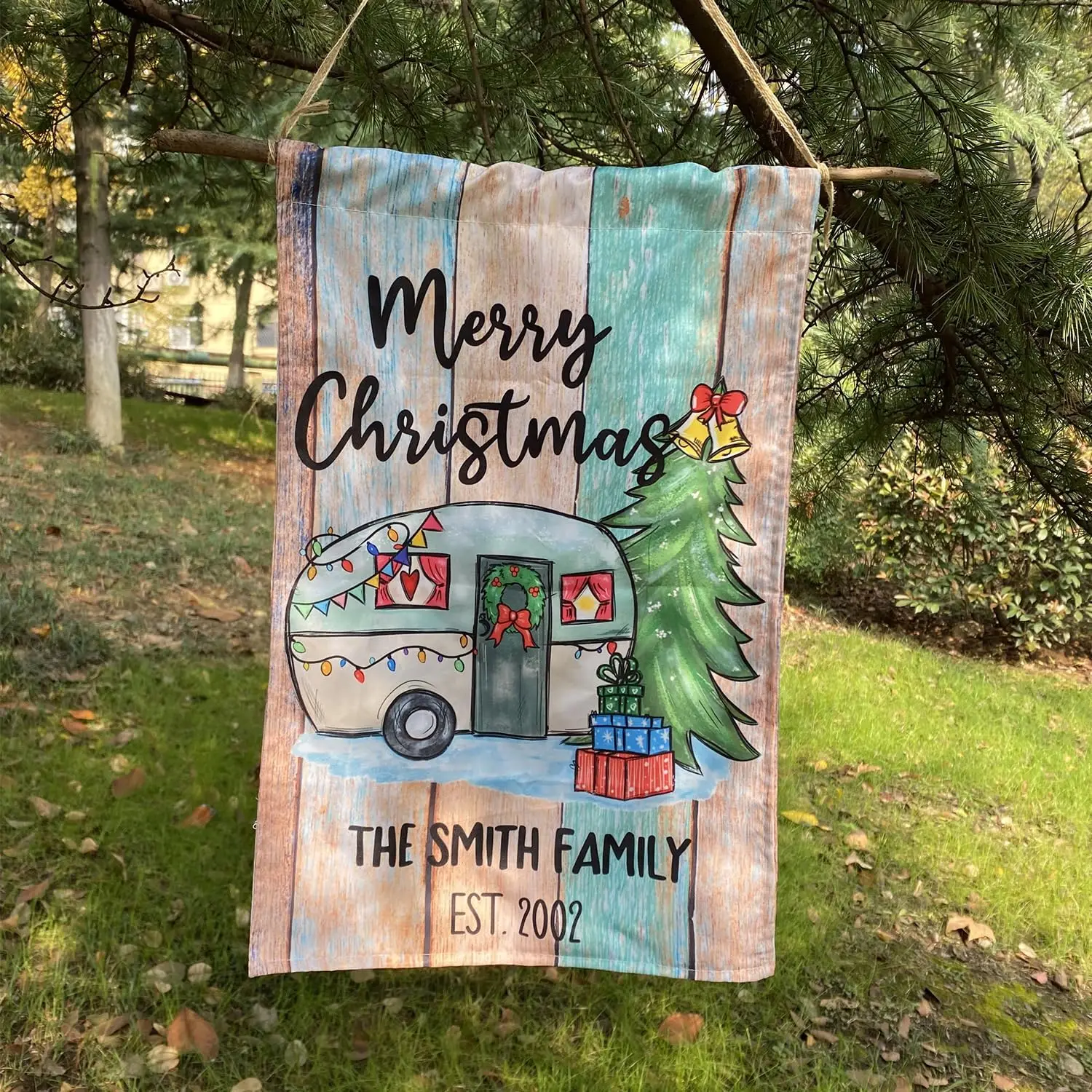 Rustic Turquoise Wood Christmas RV Van Camper Flag Personalized Farmhouse Camping Garden Flags Decoration Gifts, Custom Happy Ca