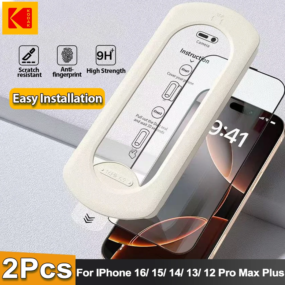 Kodak 2PCS HD Tempered Glass Dust Free Install Box Protector For IPhone 16 15 14 13 12 11 Pro Plus ProMax