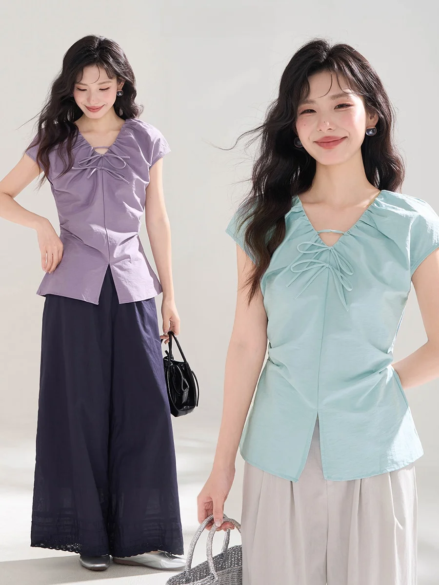 

Heme Summer ort Sve irt Women's Faionable Knot Design Cotton Blend Slim Fit V Ne Gauze Texture Blouse