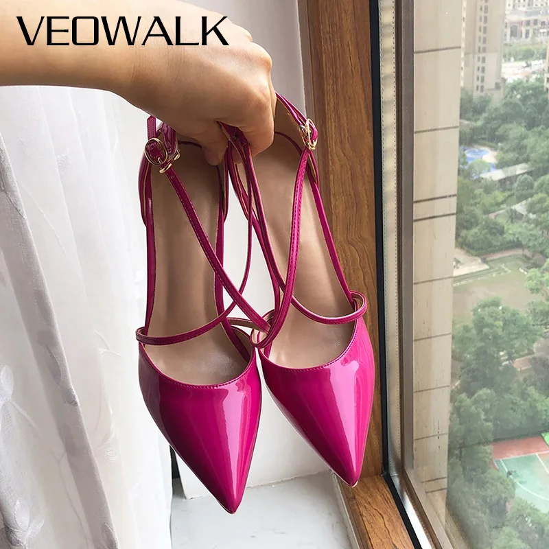 

Women's Hot Pink Patent Leather Pointed Toe Stiletto 12cm High Heels Stylish Cross Strap Ankle Buckle Pumps for Party Night Out