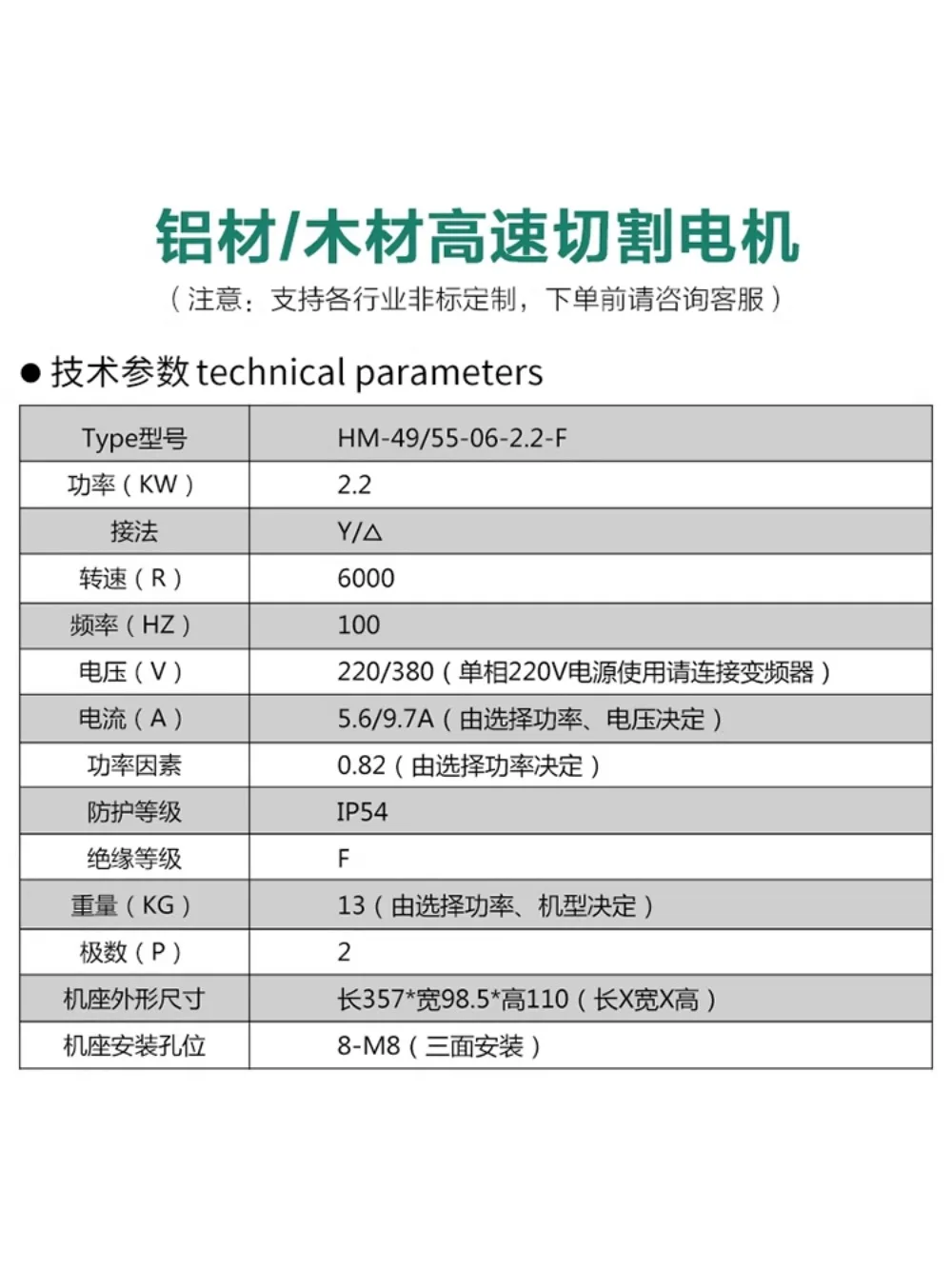 Motor 2.2KW precision saw blade spindle cutting waterproof aluminum copper pipe woodworking grinding wheel motor