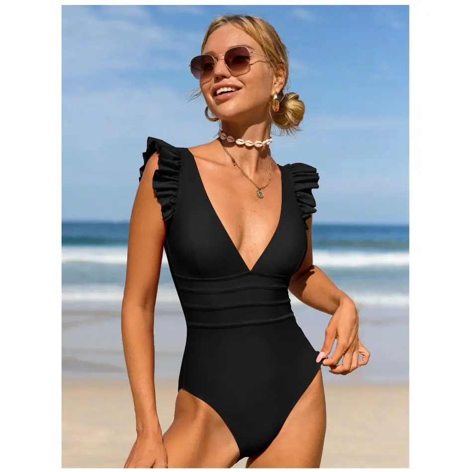 Cikini-Solid Color Splice Ruffle Trim Swimsuit, Deep V-neck Backless, One Piece, Summer Beach Swimwear, Bathing Suit