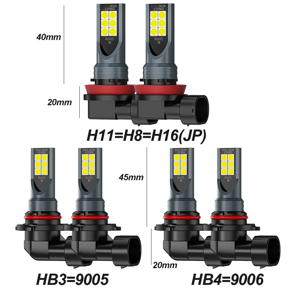 2pcs H8 H16 JP Led H11 9005 HB3 9006 HB4 3030 12SMD Car LED Fog Light Bulbs 6000K White Auto Lamp Day Running Light 1500LM