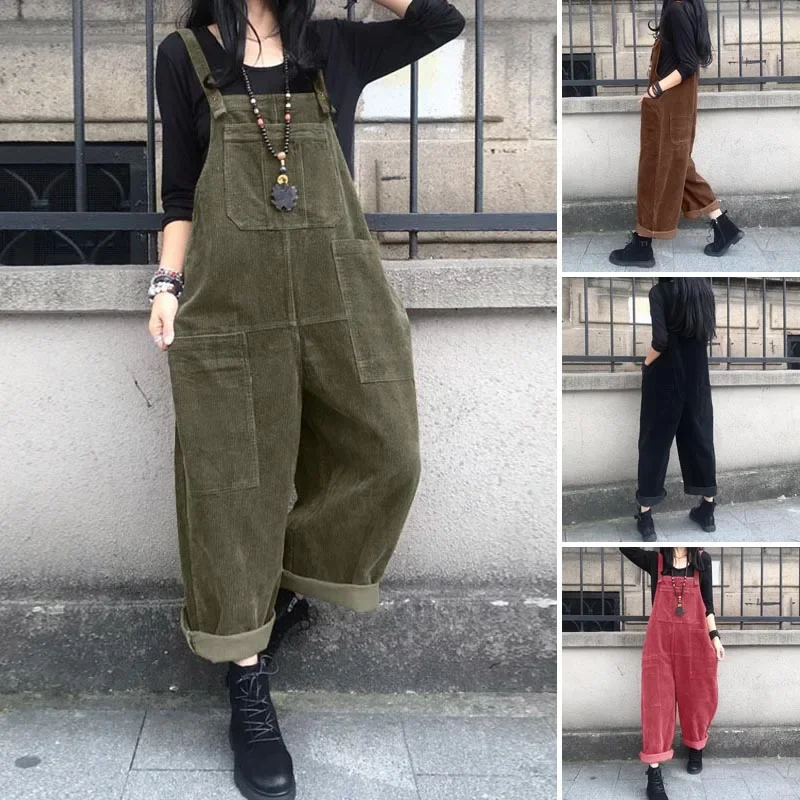 

Vintage Corduroy Jumpsuits Women's Autumn Pants 2024 Casual Suspender Wide Leg Playsuits Rompers Trousers Z815