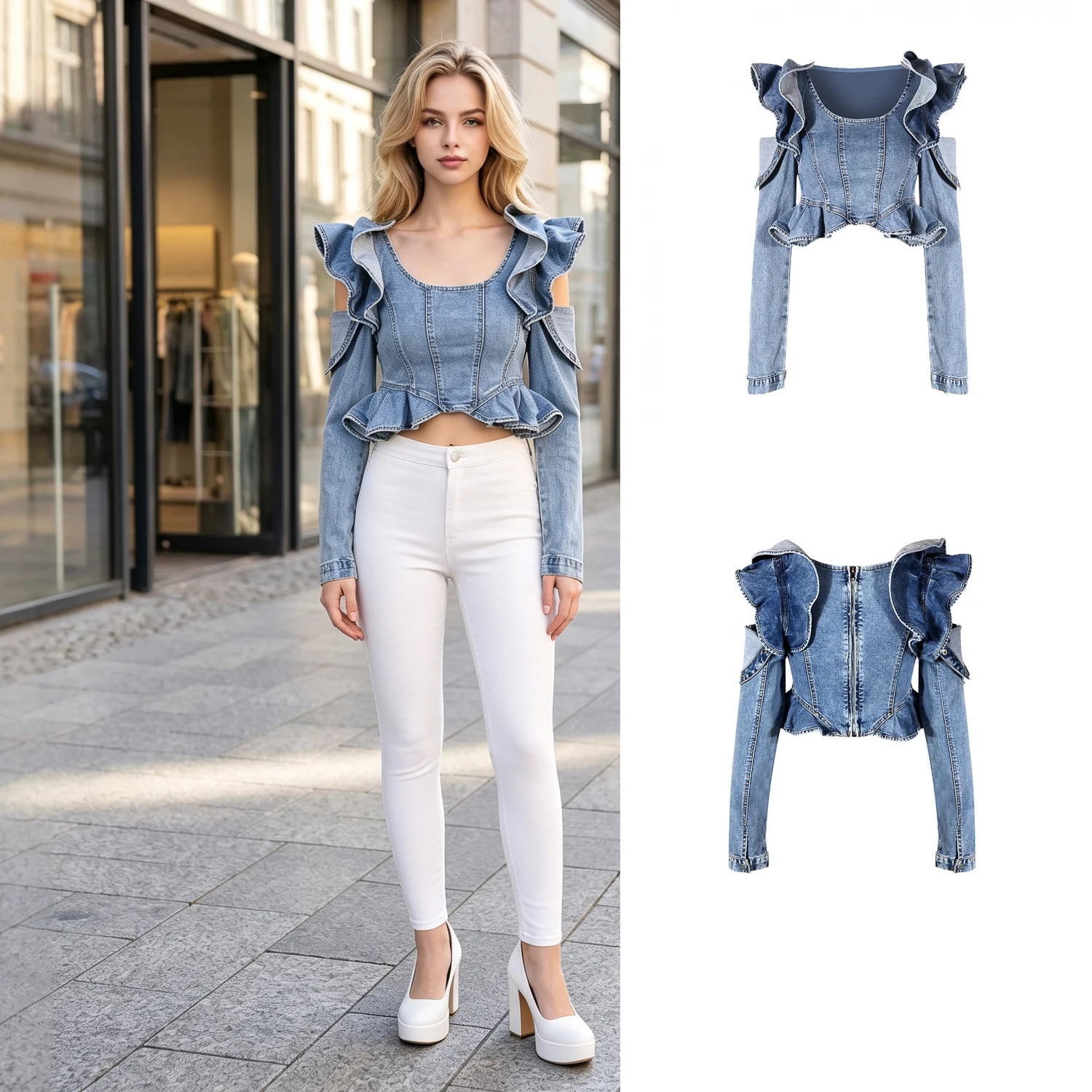 Women Cold Shoulder Ruffle Denim Crop Top Detachable Long Sleeve Slim Peplum Jean Short Blouse Y2K Clubwear