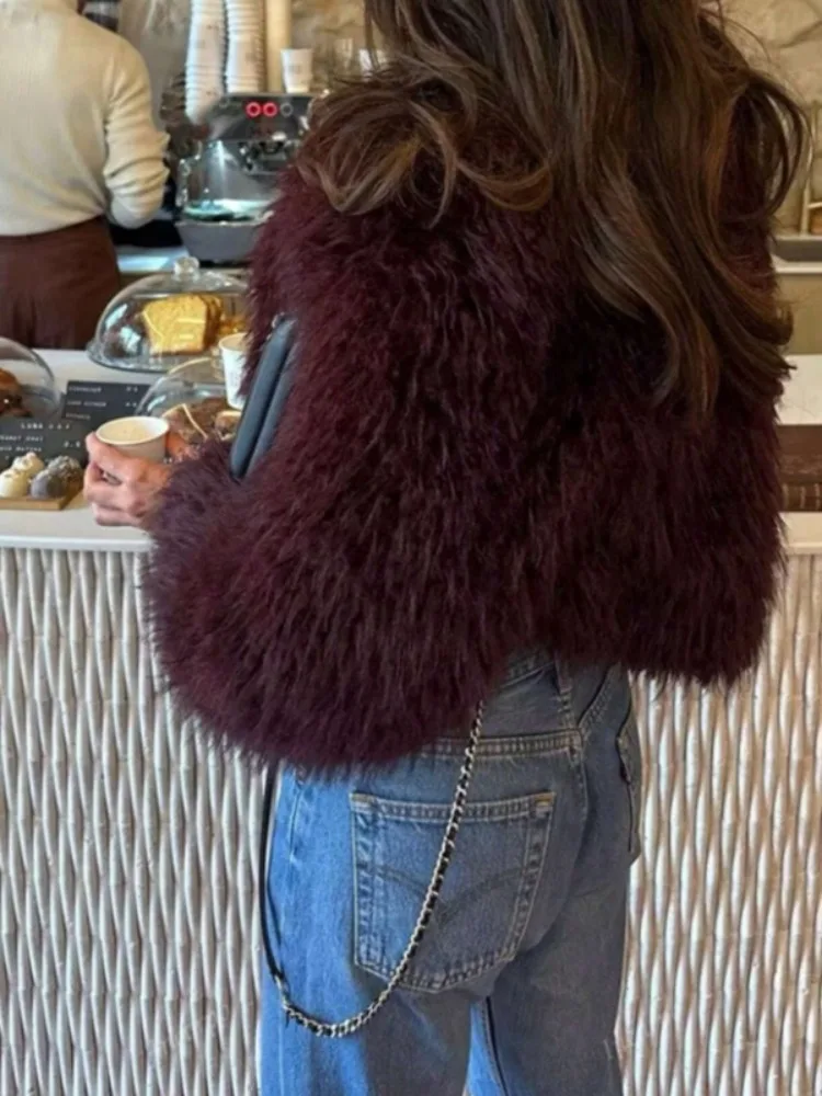 Missuoo Giacca da Teddy corta bordeaux da donna con scollo a V maniche lunghe Cappotto in pile di peluche 2025 Capispalla alla moda autunno inverno