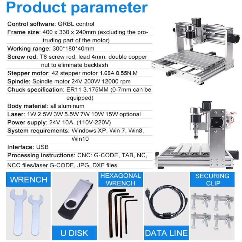 Grabador láser CNC 3018 Pro Max con ER11, husillo de 200W, 20W, máquina de grabado, corte de tallado de PCB acrílico, enrutador de madera DIY de 3