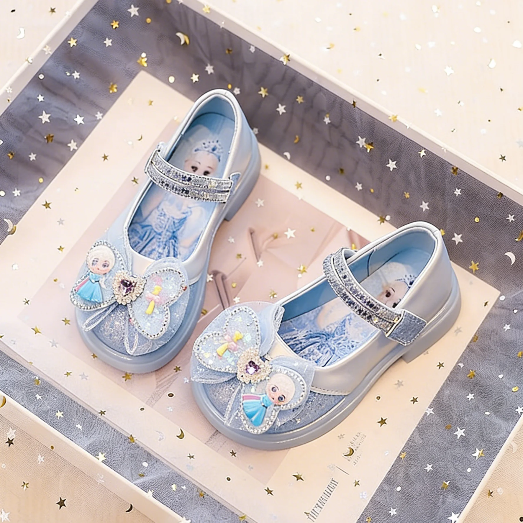 

Kids'Casual Shoes Crystal Bow Princess Elsa PU Leather Shoes Spring Shoes For Girls Soft Bottom Pink Blue Shoes Size 26-34