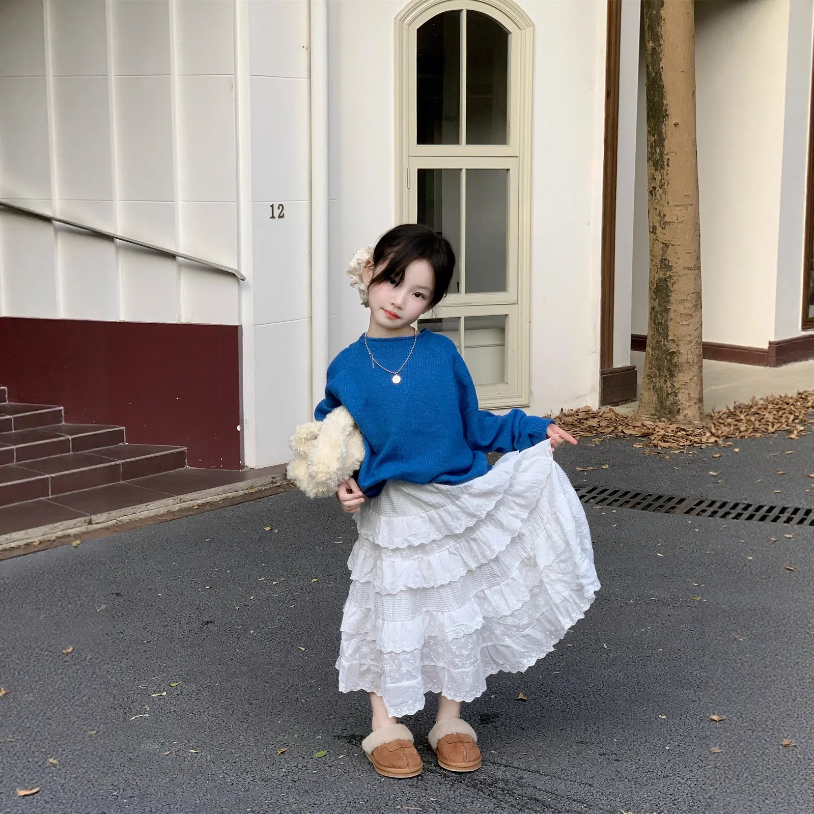

Girls Suit 2025 Autumn New Childrens Clothing Korean Style Girl Baby Blue Sweater Lace Skirt Two Sets of Casual Simple All Match