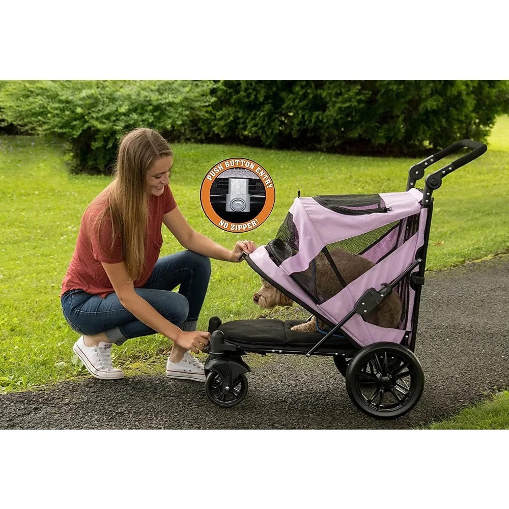 Pet Stroller with Dual Entry, Push Button Zipperless Entry for Single or Multiple Dogs/Cats, Pet Can Easily Walk in/Out