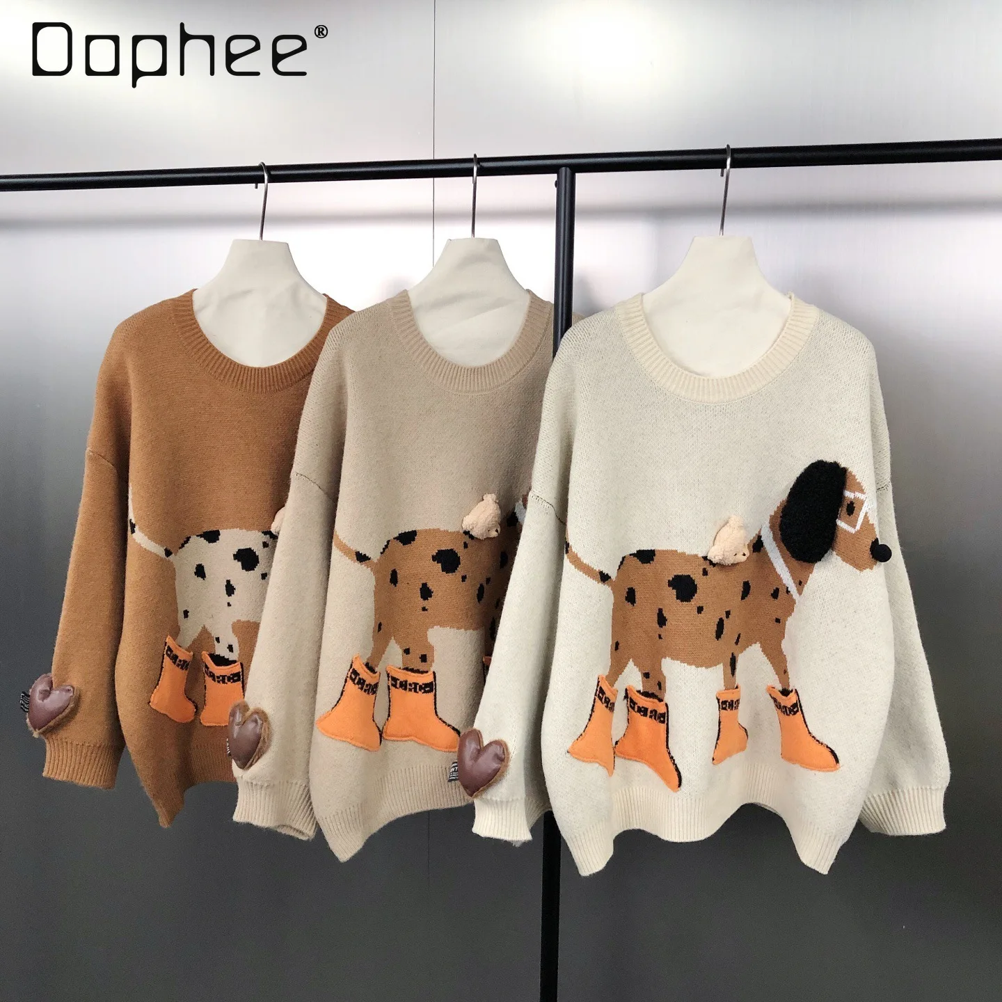 

Autumn Winter New American Retro Design Fashion Puppy Jacquard 3D Cartoon Loose Pullover Long Sleeve Sweater Anime Hoodie
