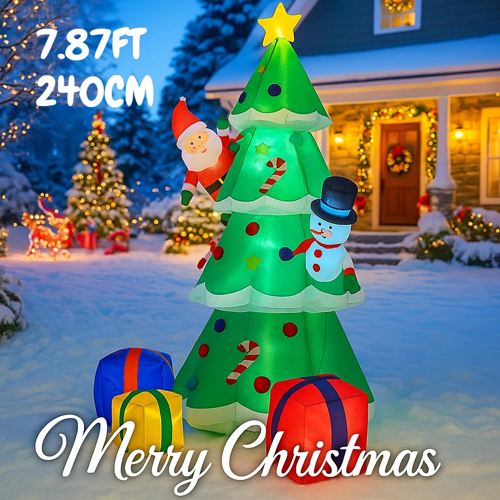 

7,87 футов надувная игрушка, набор декора для рождественской елки, подарочная коробка Санта-Снеговика со светодиодной подсветкой, рождественские украшения для двора, рождественский праздничный подарок