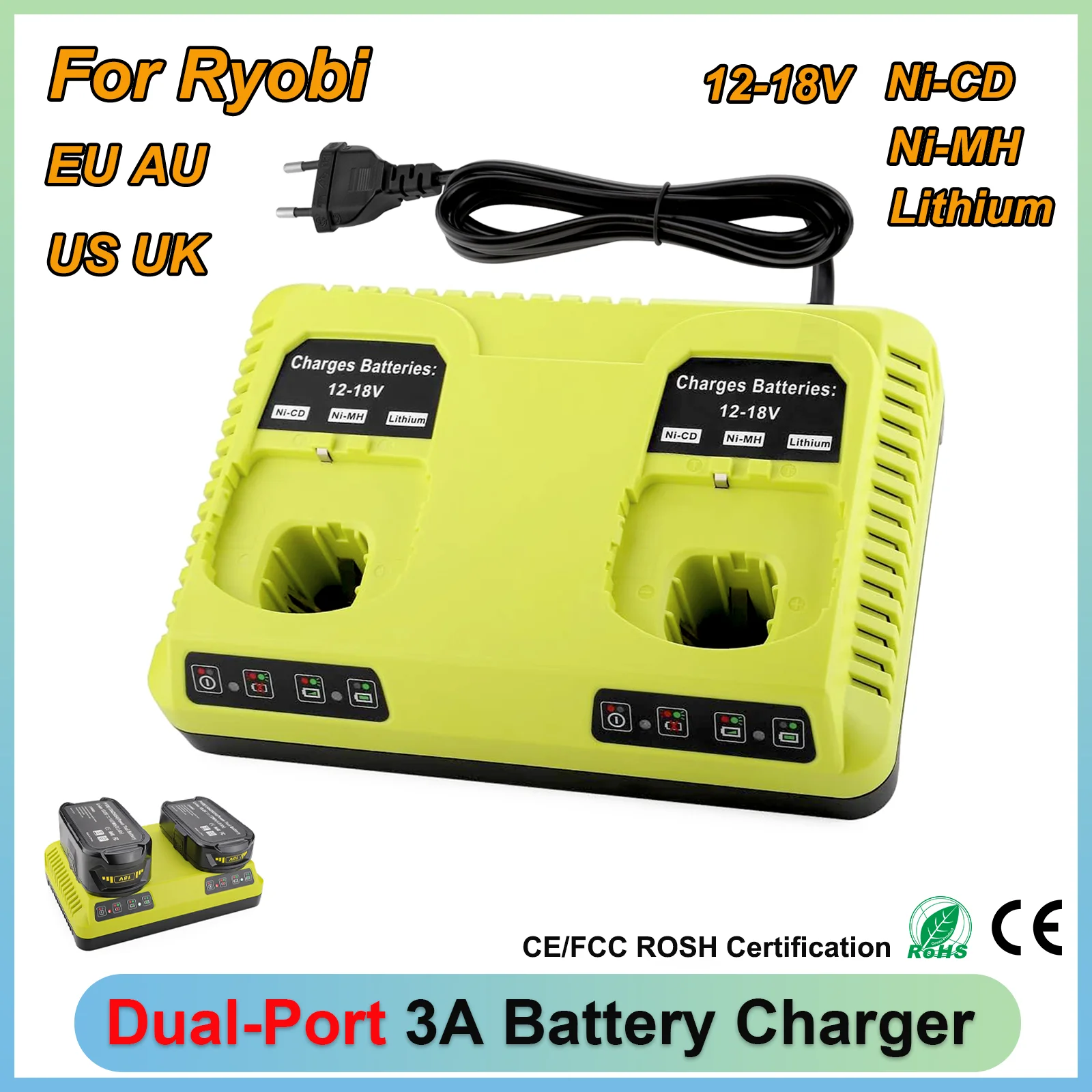 

P117 For Ryobi 18V 3A Dual Ports Battery Charger Compatible for Ryobi 12V-18V Lithium Battery P107 P108 P109 P102 P104