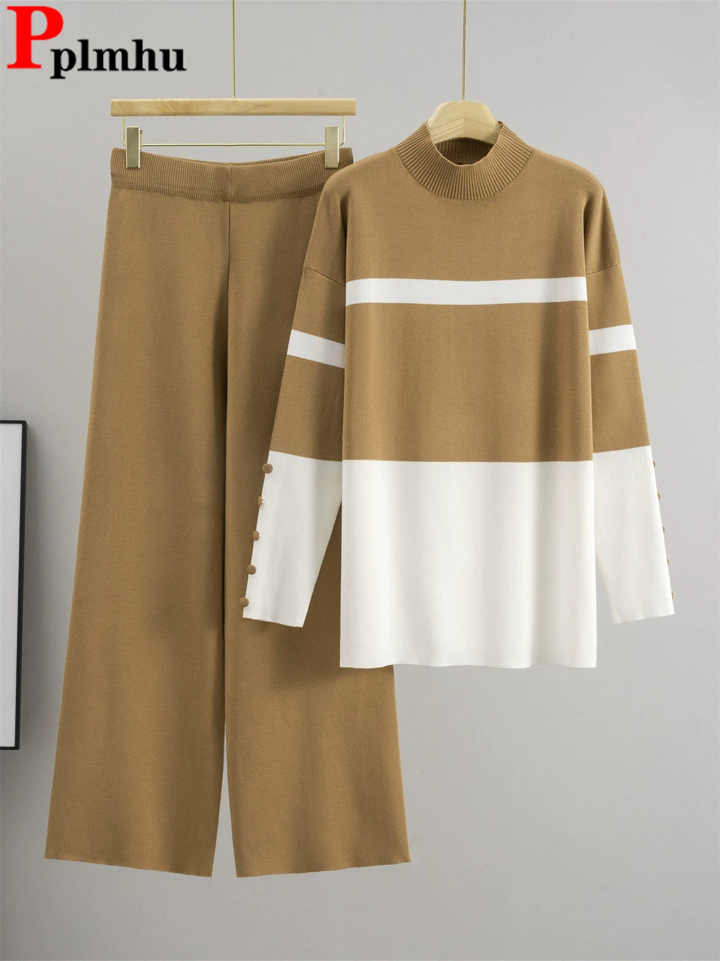 

Chic Design Loose Knitted 2 Piece Sets Women O-neck Striped Design Sweater Tops Conjuntos High Waist Solid Straight Pants Outfit