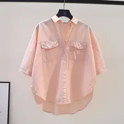 Double Pocket Thin Pure Cotton Shirt for Women's Pink Loose Short Sleeved Casual 2024 Summer Artistic Style Versatile Trendy Top