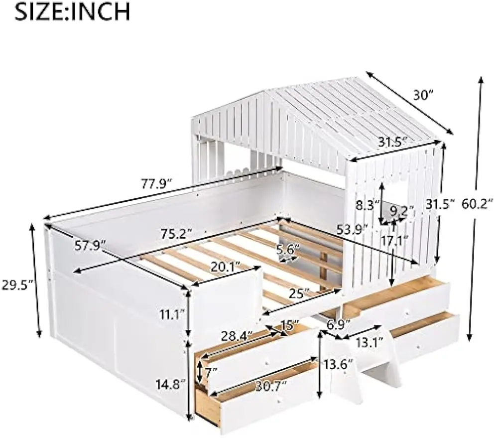 Harper & Bright Designs Full Size House Low Loft Bed Frame with Four Drawers for Kids,White