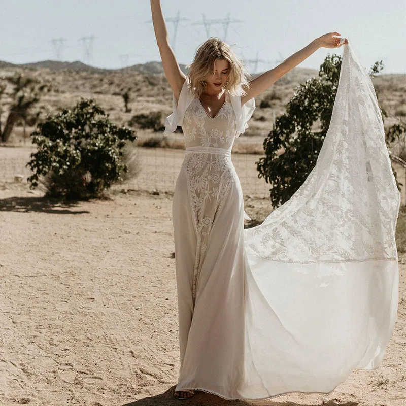 Vintage echte Foto Boho Meerjungfrau rücken freie Brautkleider Spitze tiefen V-Ausschnitt Vestidos de Novia Bohemian Robe de Mariée ärmel los