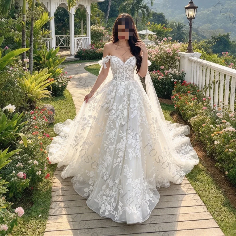 Customized Sparkling Lace Shoulder Wedding Dress 2026 Floor Pulling Fluffy Sleeves Princess Bridal Gown Suitable for Parties