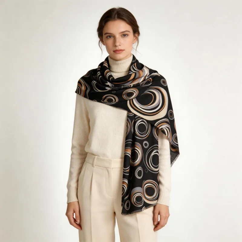 Women Soft Cashmere Feel Scarf Geometric Circle Print Warm Shawl Versatile Autumn Winter Casual Neck Wrap