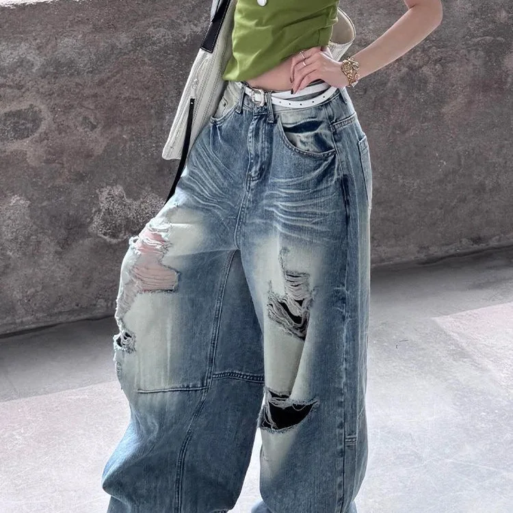 

ONE TO WAN High Waist Ripped Women's Blue Jeans American Vintage Streetwear Y2K Wide Leg Jean 2000s Trouser Baggy Denim Pants