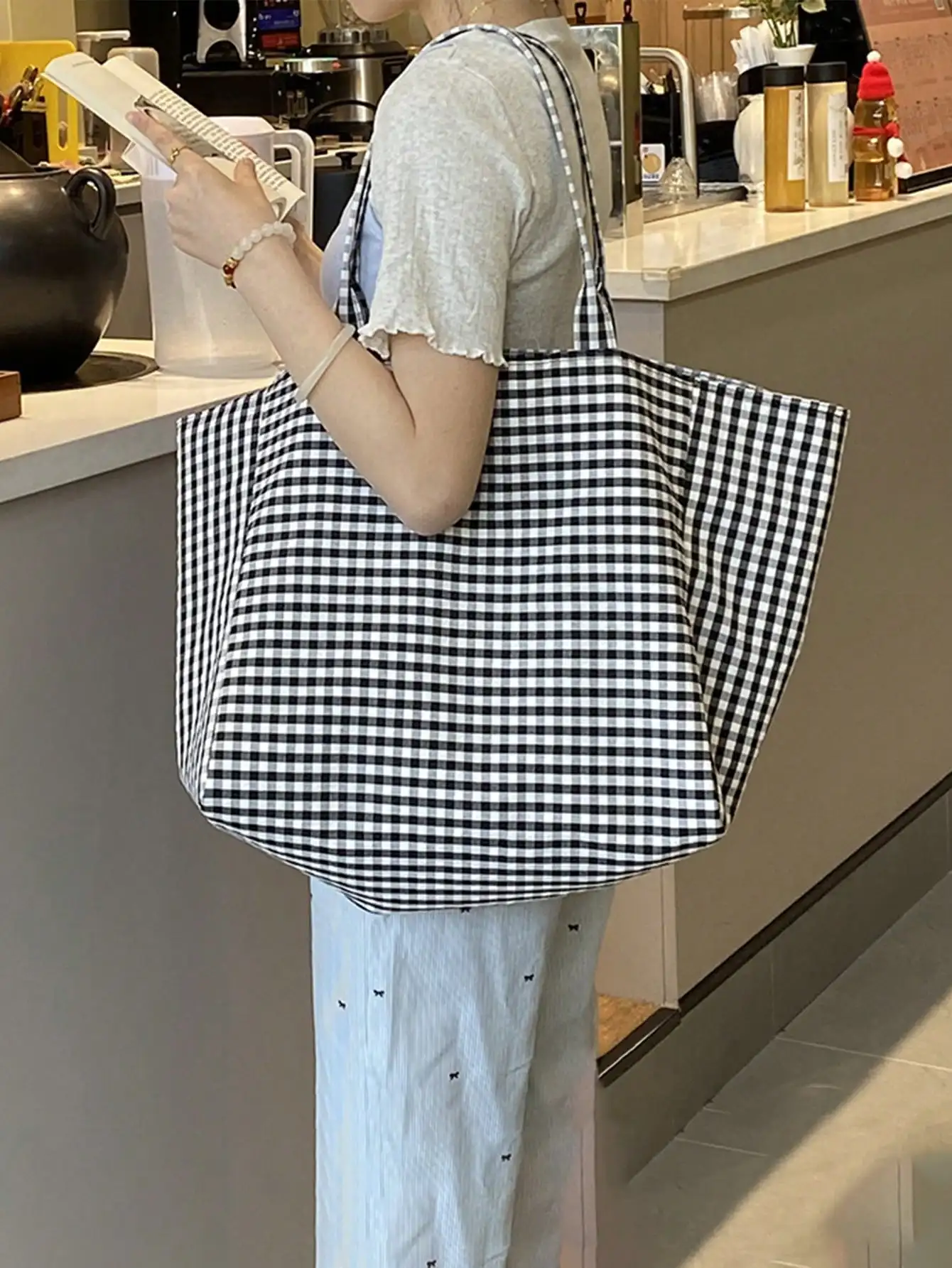 (Customized) Customized embroidered simple checkered canvas shoulder bag original large capacity niche multifunctional commuting view 5