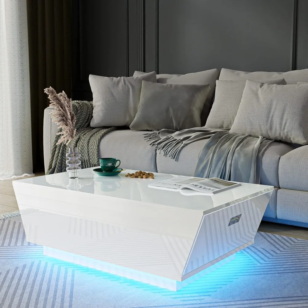 

Coffee Table, White Modern with LED Lights, High Gloss with Storage Drawers, Contemporary Center Table, Coffee Table