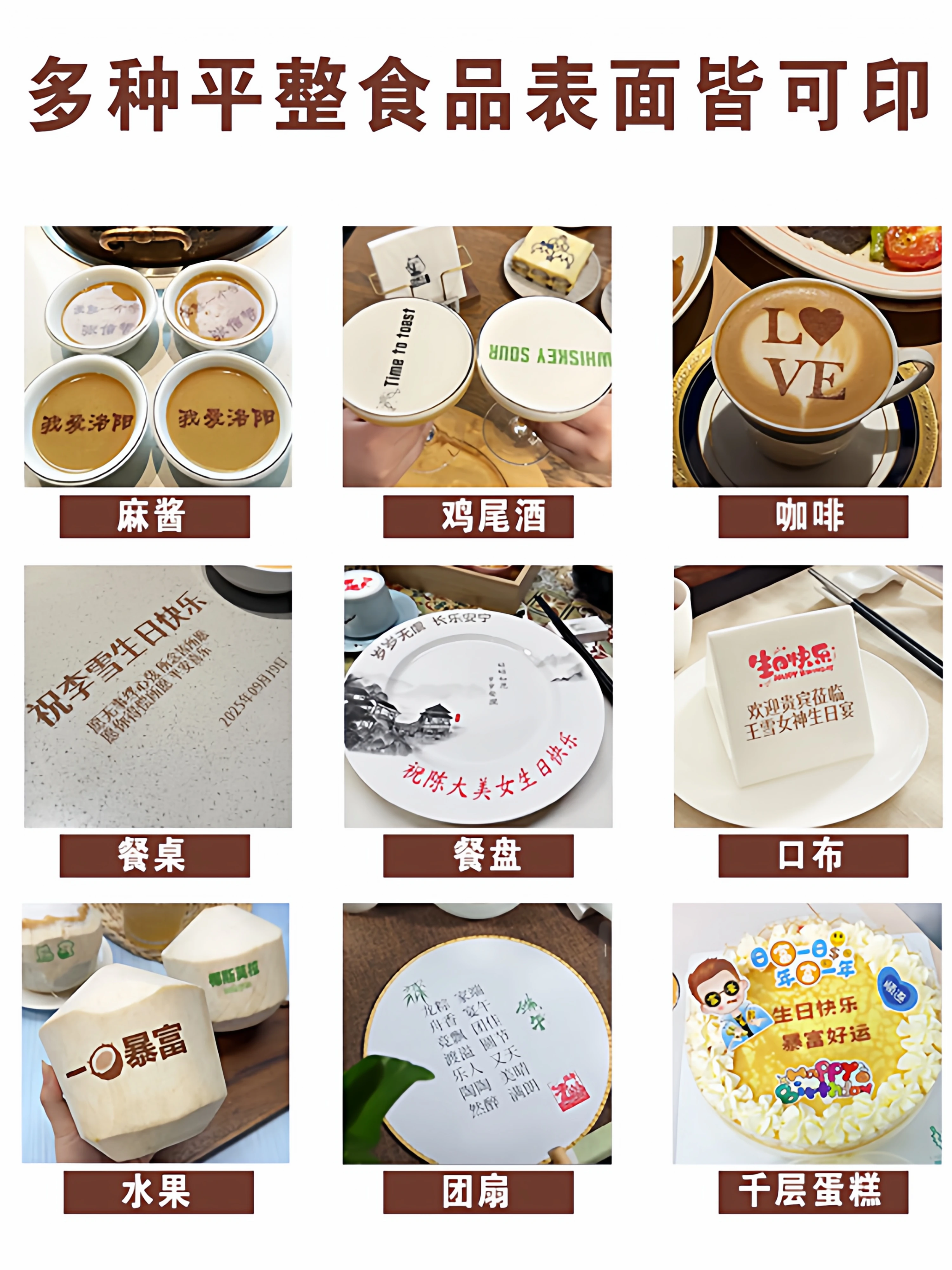 Handheld food printer Edible, coffee Latte yogurt sesame sauce Plate mouth cloth Restaurant reception template Blessing cake