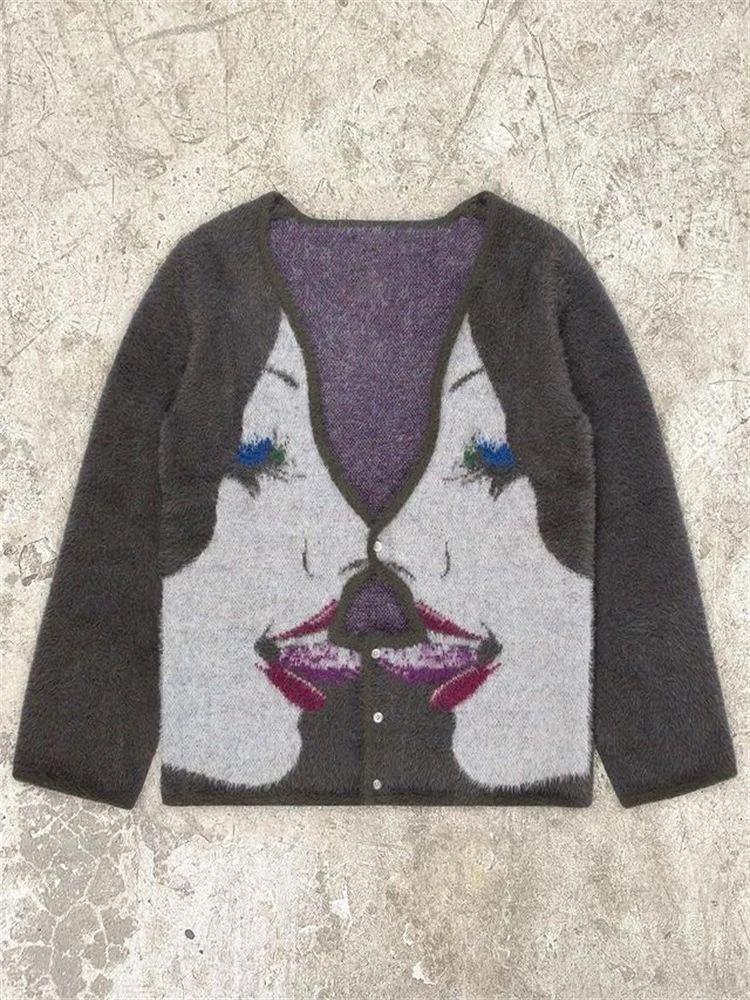 European and American autumn and winter new dark fleece cartoon printed cardigan, unisex knitted sweater jacket