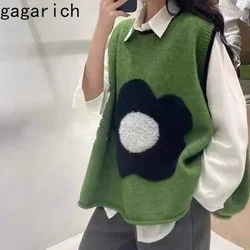 Gagarich Contrast Sleeveless Towel Embroidered Korean Knitwear Vest Sweater Women Autumn Winter New Round Neck Flower Shoulders