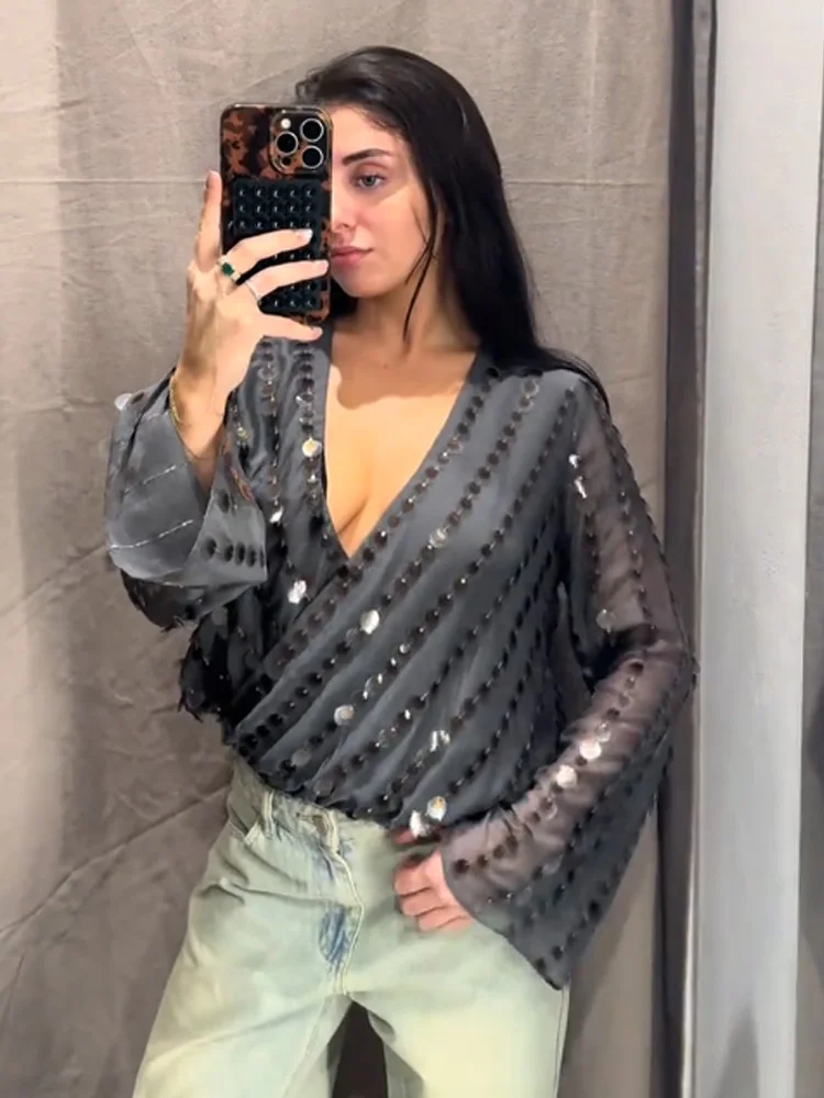 HH Woman Spring Fashion Trend Long Sleeves V Collar Sequin Decoration Jumpsuit Female Leisure Street Style Versatile Tops