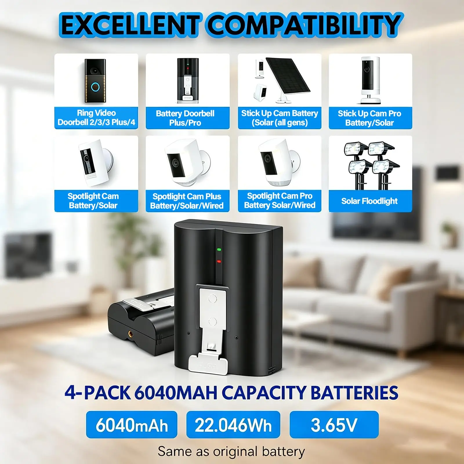 Replacement Li-ion Battery For Ring Video Doorbell3/3PLUS/4 Stick Up Cam Spotlight Cam Peephole Cam Rechargable 3.65V 6040mAh