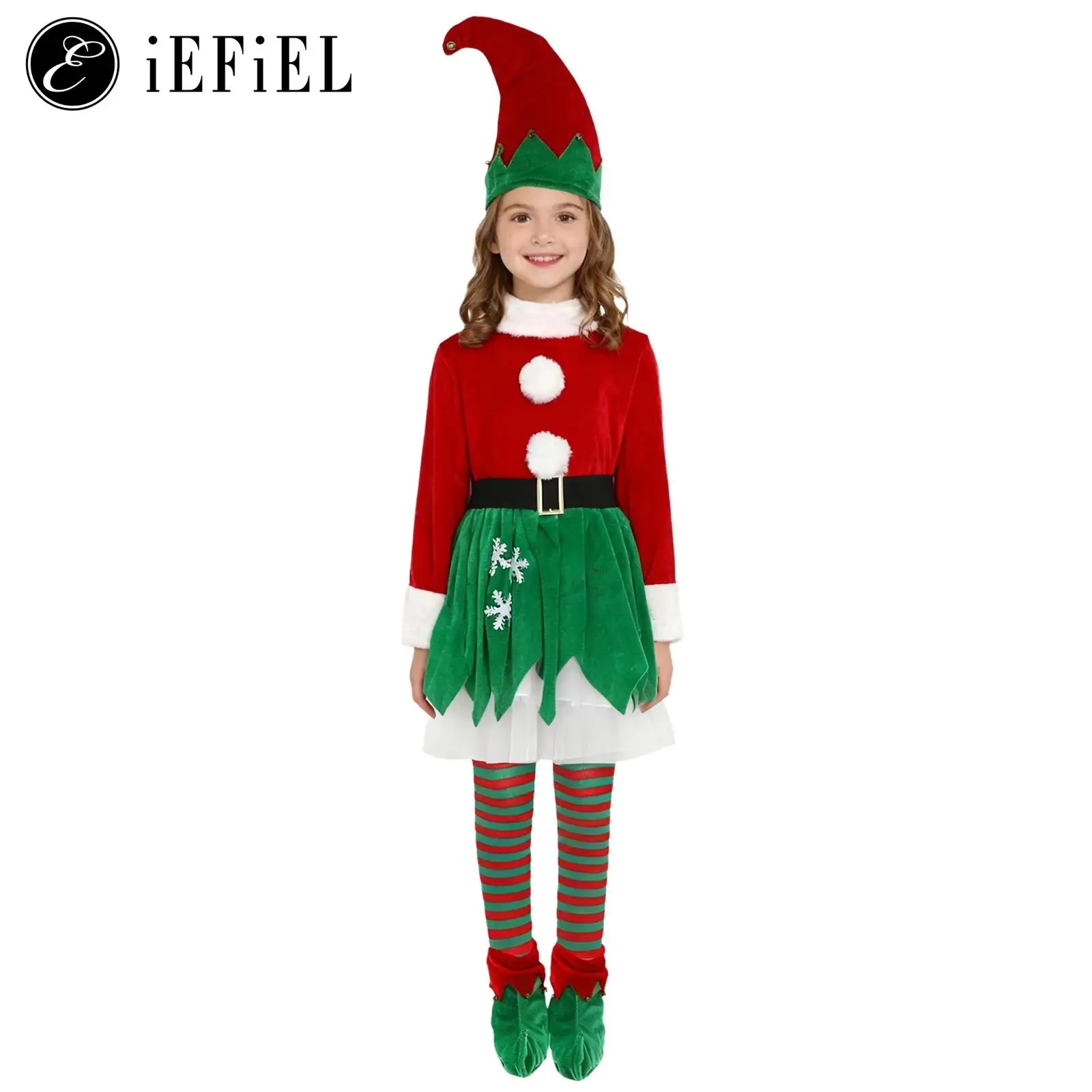 

Girls Christmas New Year Elf Costume Long Sleeve Tutu Dress +Hat Waistbelt +Socking +Shoes Covers Santa Claus Suit Xmas Dress Up