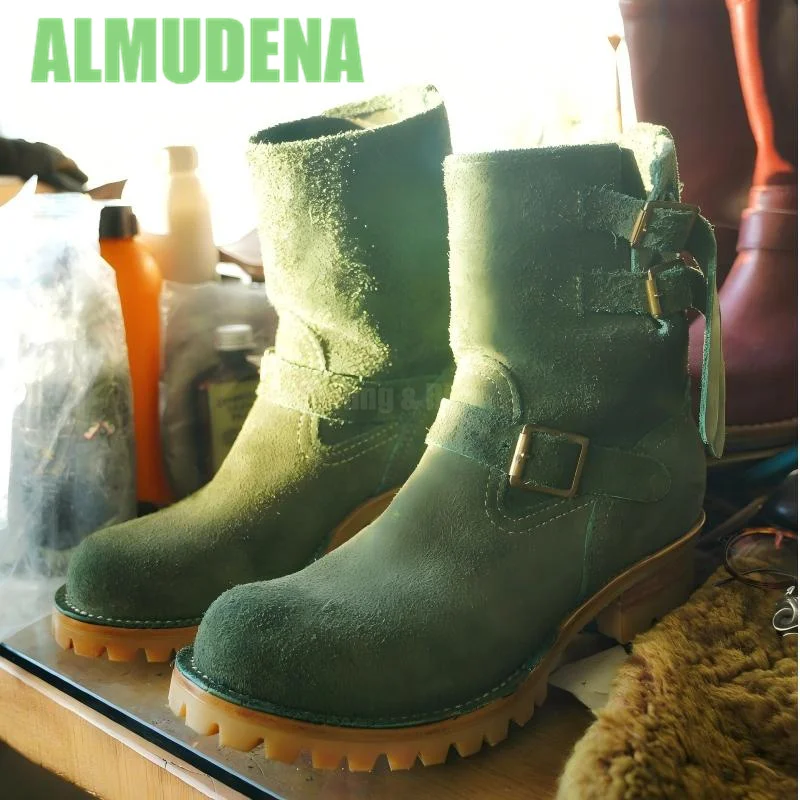 Suede Military Green Motorcycle Boots Metal Belt Buckle Knight Boots Trendy Men's Minimalist Sleeve Height Increasing Boots