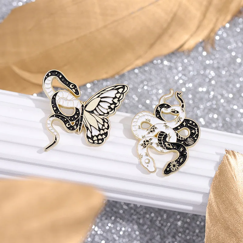 Dark Theme White Black Enamel Snake Flower Butterfly Elements Brooches For Unisex Trendy Pin Jewelry Men Women Gift Party Office