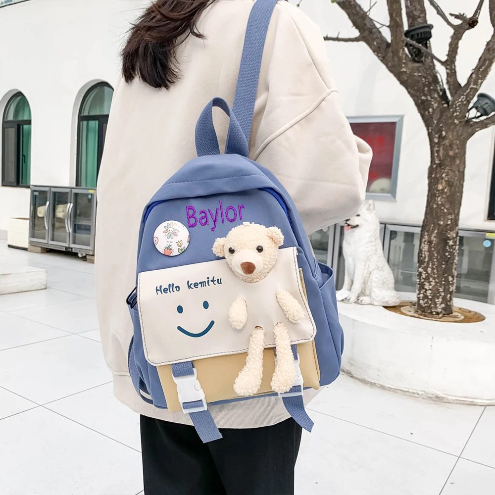 Personalized Embroidered New Nylon Backpack For Middle School Students Leisure Travel bag Cute Little Bear Street Bag