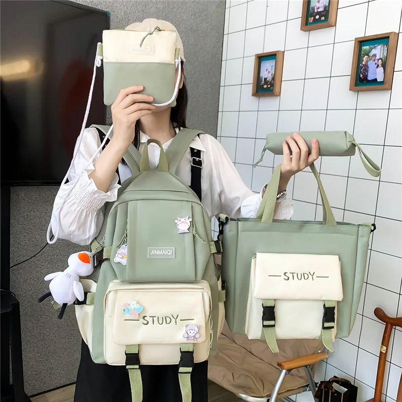 Ransel wanita Harajuku Laptop kanvas tas sekolah untuk gadis remaja Kawaii mahasiswa anak buku tas ransel 4 Pcs Set