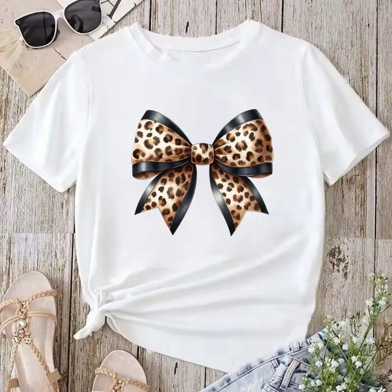 أزياء المرأة تي شيرت Y2k ليوبارد طباعة القوس قمم الصيف قصيرة الأكمام الجرافيك تي شيرت الملابس النسائية