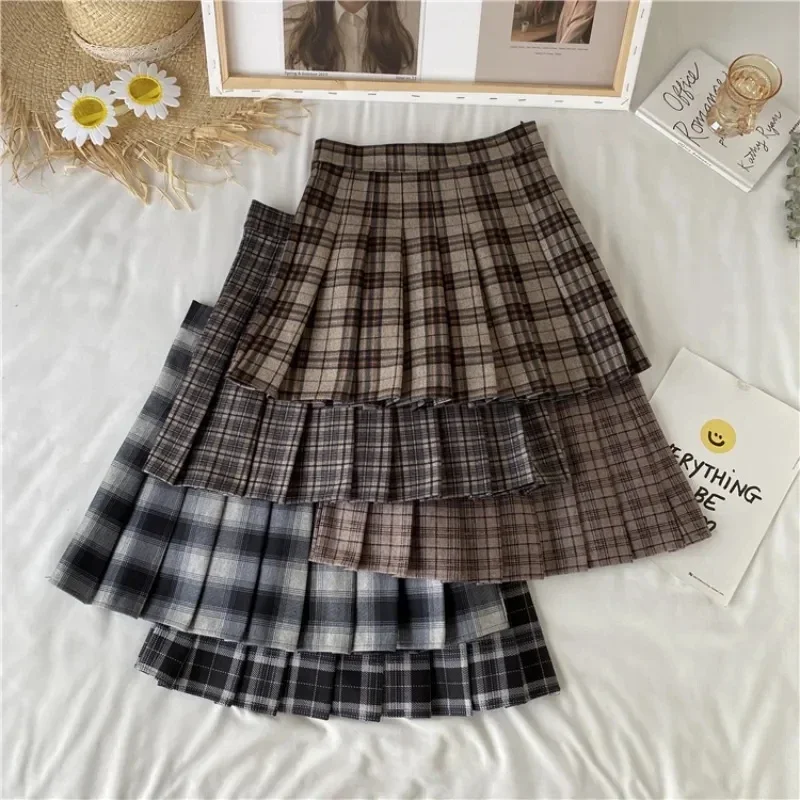 GIDYQ Plaid Pleated Skirt Women Japan Jk High Waist Thin A Line Short Skirt Female Sweet Preppy Style Woolen Mini Short Skirt