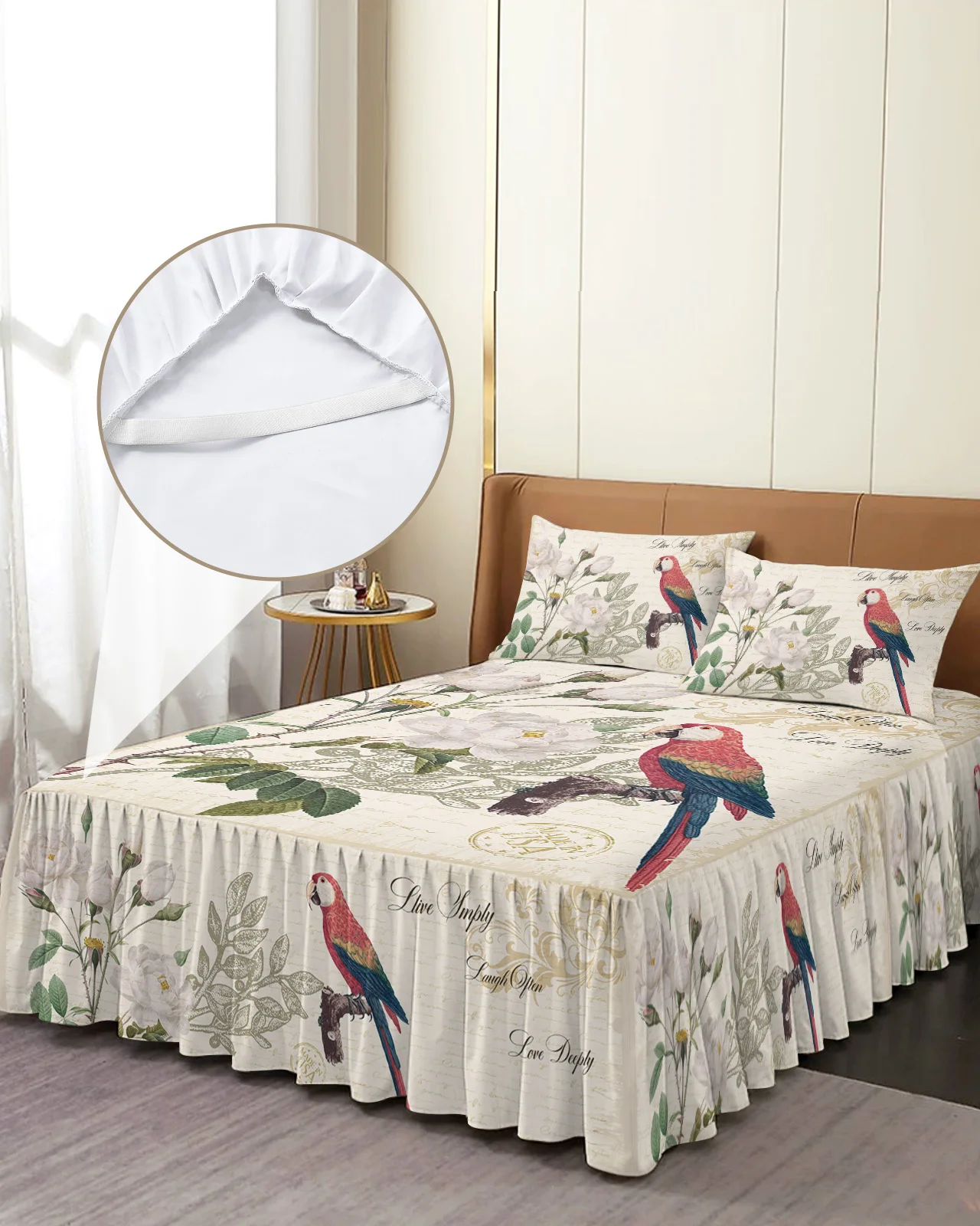 Parrot Bird Rose Flower Retro Bed Skirt Elastic Fitted Bedspread With Pillowcases Mattress Cover Bedding Set Bed Sheet