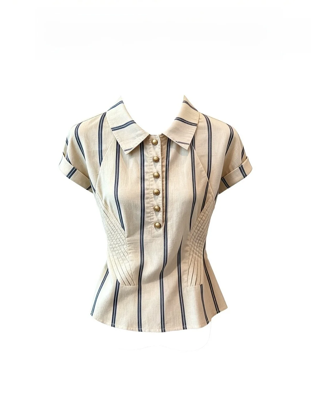 

Stylish Unique Striped Shirt Women's Fashionable Beige Top Trendy French Style Breathable Short Sleeve Button up Summer 2026