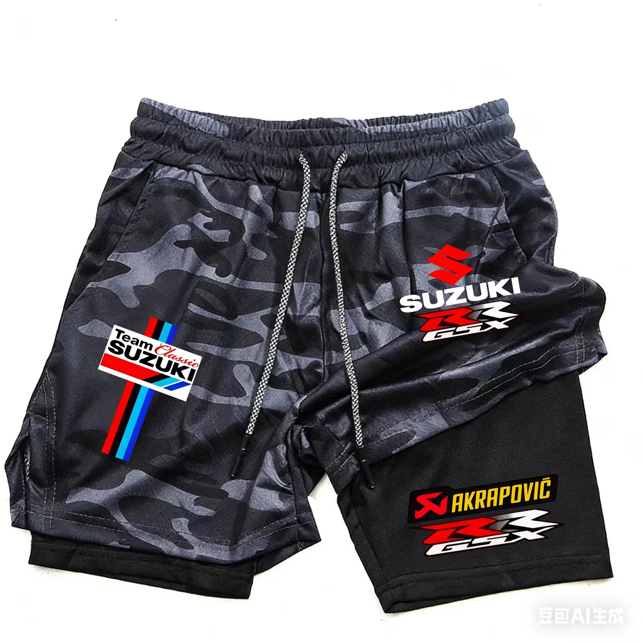 Men's double-layer sports shorts, 2026 best-selling Suzuki camouflage, quick-drying and breathable, suitable for motorcycle raci
